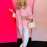 Pink and white striped peplum top with wide collar, pearl buttons, and 3/4 sleeves, lightweight cotton