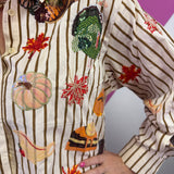 Queen Of Sparkles Beige Striped Thanksgiving Icon Cotton Button Up Top