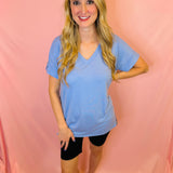 Spring Blue Rolled Sleeve V-Neck Top