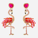 Flamingo rhinestone dangle earrings with oversized hot pink heart design, bold statement jewelry with sparkling details.