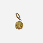 Gold fleur-de-lis medallion scarf charm with engraved design and clasp closure