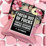 Fresh Outta Fucks shower steamers with grapefruit and hibiscus scent for refreshing aromatherapy relaxation.