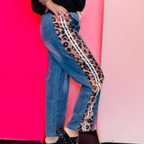 Black Striped Rhinestone Denim Joggers