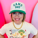 Green Game Day baseball cap with raised embroidered lettering and adjustable strap