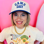Cream and royal blue Game Day baseball cap with raised embroidered lettering