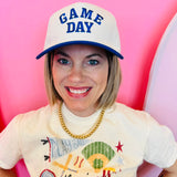 Cream and royal blue Game Day baseball cap with raised embroidered lettering