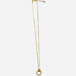 Gold charm necklace with textured chain and front-facing circular clasp