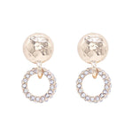Hammered gold stud earrings with rhinestone circle dangles, 1 inch length.