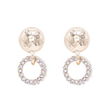 Hammered gold stud earrings with rhinestone circle dangles, 1 inch length.