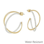 Gold and silver 1.25 inch textured twisted X hoop earrings, water resistant.
