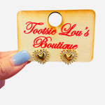 Gold heart stud earrings with crystal halo and beaded edge detail.