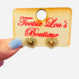 Gold heart stud earrings with crystal halo and beaded edge detail.