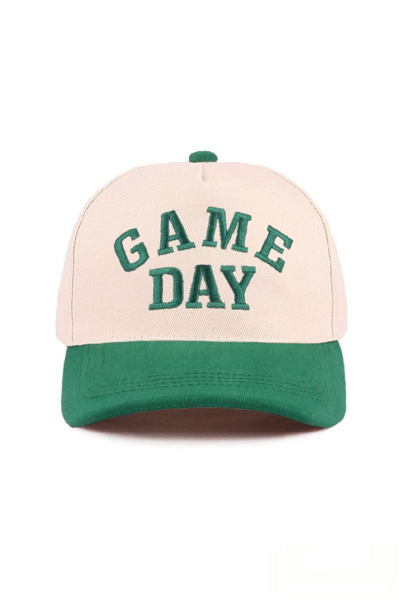 Green Game Day baseball cap with raised embroidered lettering and adjustable strap