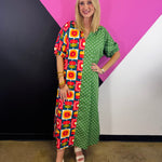 Green colorblock midi dress with mixed floral geometric and white polka dot prints.