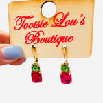 Gold hoop earrings with pink rectangular gem and green round stone drop.