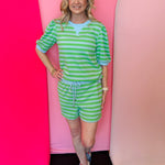 Green and blue striped puff sleeve lounge set with drawstring shorts and lightweight stretch fabric