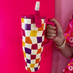 40oz colorful checkered tumbler with flip straw lid and handle.