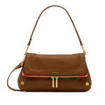Mahogany pebbled leather Hammitt handbag with brushed gold hardware and red zipper.