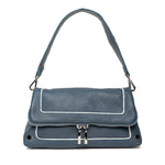 Hammitt Beverly Med Nautical Navy bag with silver hardware and white piping.