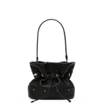 Hammitt Gianna small black pebbled leather bucket handbag with gold rivets, drawstring, and detachable straps.