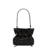 Hammitt Gianna small black pebbled leather bucket handbag with gold rivets, drawstring, and detachable straps.