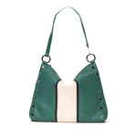 Hammitt Kyle Medium green pebbled leather bag with black and white panel details.