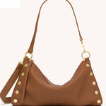 Hammitt Kyle Med Mahogany Pebble leather bag with brushed gold hardware and red twill lining.