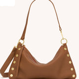 Hammitt Kyle Med Mahogany Pebble leather bag with brushed gold hardware and red twill lining.