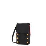 Hammitt VIP Mobile black pebbled leather crossbody handbag with brushed gold hardware and red zipper accents.
