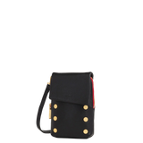 Hammitt VIP Mobile black pebbled leather crossbody handbag with brushed gold hardware and red zipper accents.