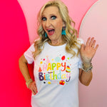 White Happy Birthday graphic tee with colorful festive design