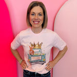 Easter graphic tee with turquoise vintage truck, florals, eggs, and crowned bunny with bling accents