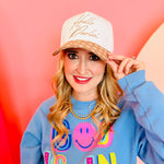 Hello Darlin Hat with white base, mocha accents, polka dot bill, and embroidered text.