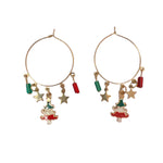 Gold hoop earrings with enamel Christmas trees, gold stars, and red and green bead charms.