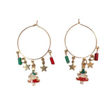 Gold hoop earrings with enamel Christmas trees, gold stars, and red and green bead charms.