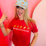 Quirky denim hat with embroidered hot dogs, adjustable back for a comfortable fit.
