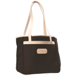Jon Hart Amelia Tote in espresso coated canvas with natural leather trim, padded laptop sleeve, trolley sleeve, and spacious interior pockets