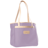 Jon Hart Amelia Tote in lilac coated canvas with natural leather trim, padded laptop sleeve, trolley sleeve, and spacious interior pockets