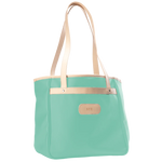 Jon Hart Amelia Tote in ocean blue coated canvas with natural leather trim, padded laptop sleeve, trolley sleeve, and spacious interior pockets