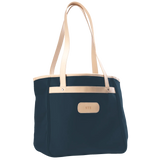 Jon Hart Amelia Tote in french blue coated canvas with natural leather trim, padded laptop sleeve, trolley sleeve, and spacious interior pockets