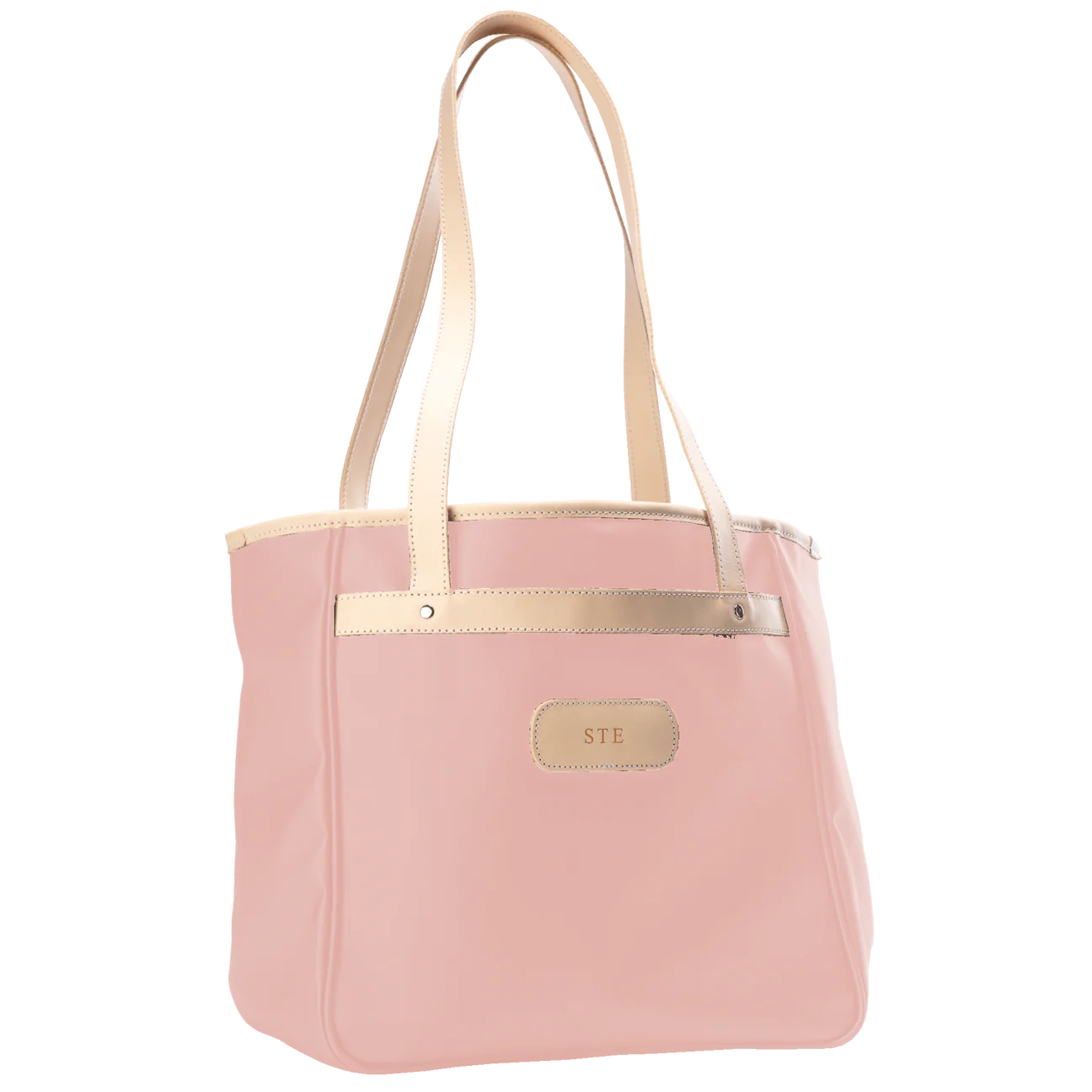 Jon Hart Amelia Tote in rose coated canvas with natural leather trim, padded laptop sleeve, trolley sleeve, and spacious interior pockets.