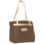 Alamo Heights Tote in saddle coated canvas with natural leather trim and black lining.