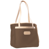 Alamo Heights Tote in saddle coated canvas with natural leather trim and black lining.