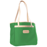 Alamo Heights Tote in kelly green coated canvas with natural leather trim and black lining.