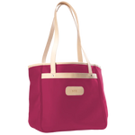 Alamo Heights Tote in berry coated canvas with natural leather trim and black lining.
