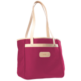 Alamo Heights Tote in berry coated canvas with natural leather trim and black lining.