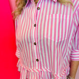 Pink Striped Button Down Ruffle Top