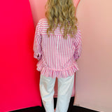 Pink Striped Button Down Ruffle Top