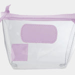 Jon Hart Airport Chico clear TSA-compliant travel pouch with iris Natural Leather trim, flat bottom, and zippered brass closure—perfect for carrying 3oz liquids and travel essentials.