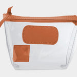 Jon Hart Airport Chico clear TSA-compliant travel pouch with orange Natural Leather trim, flat bottom, and zippered brass closure—perfect for carrying 3oz liquids and travel essentials.